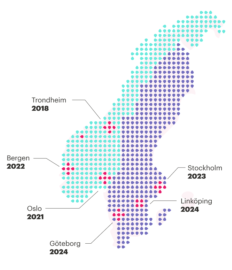 Karta över kontor i Trondheim, Bergen, Oslo och Stockholm.